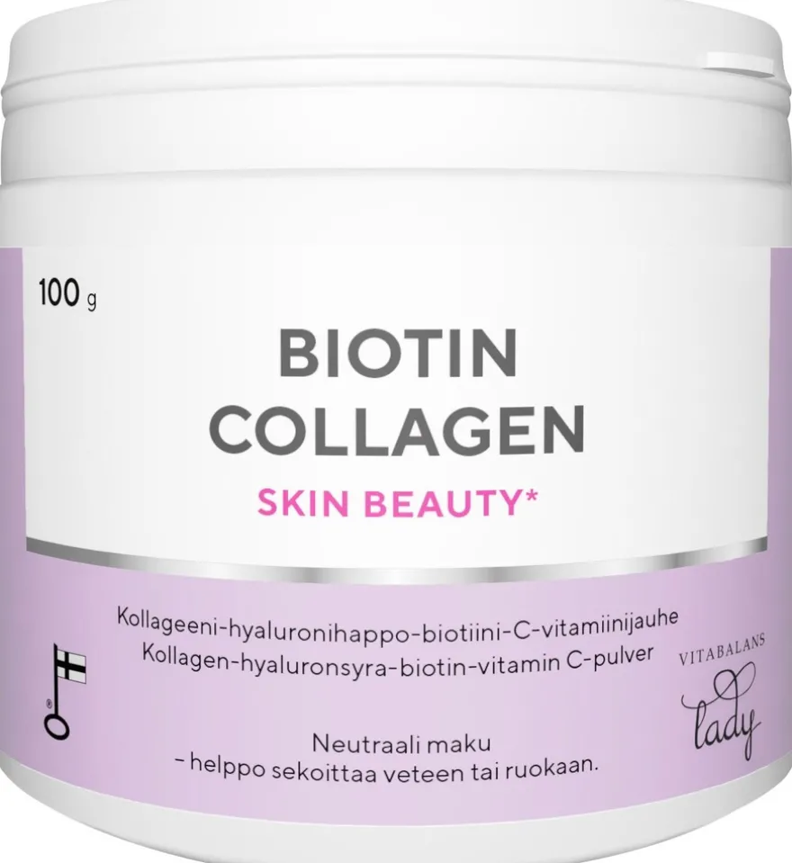 Biotin Collagen 100 g., kotimainen kollageeni-hyaluronihappo-biotiini-C-vitamiini jauhe, Vitabalans