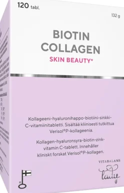 Biotin Collagen 120 tabl., kotimainen kollageeni-hyaluronihappo-biotiini-sinkki-C-vitamiini tabletti, Vitabalans
