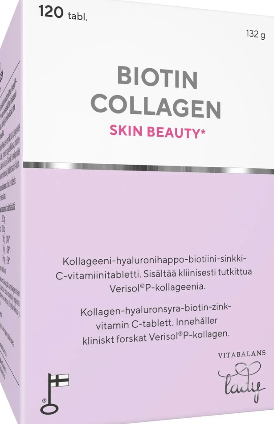 Biotin Collagen 120 tabl., kotimainen kollageeni-hyaluronihappo-biotiini-sinkki-C-vitamiini tabletti, Vitabalans
