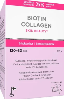 Biotin Collagen 120+30 tabl., kotimainen kollageeni-hyaluronihappo-biotiini-sinkki-C-vitamiini tabletti, Vitabalans