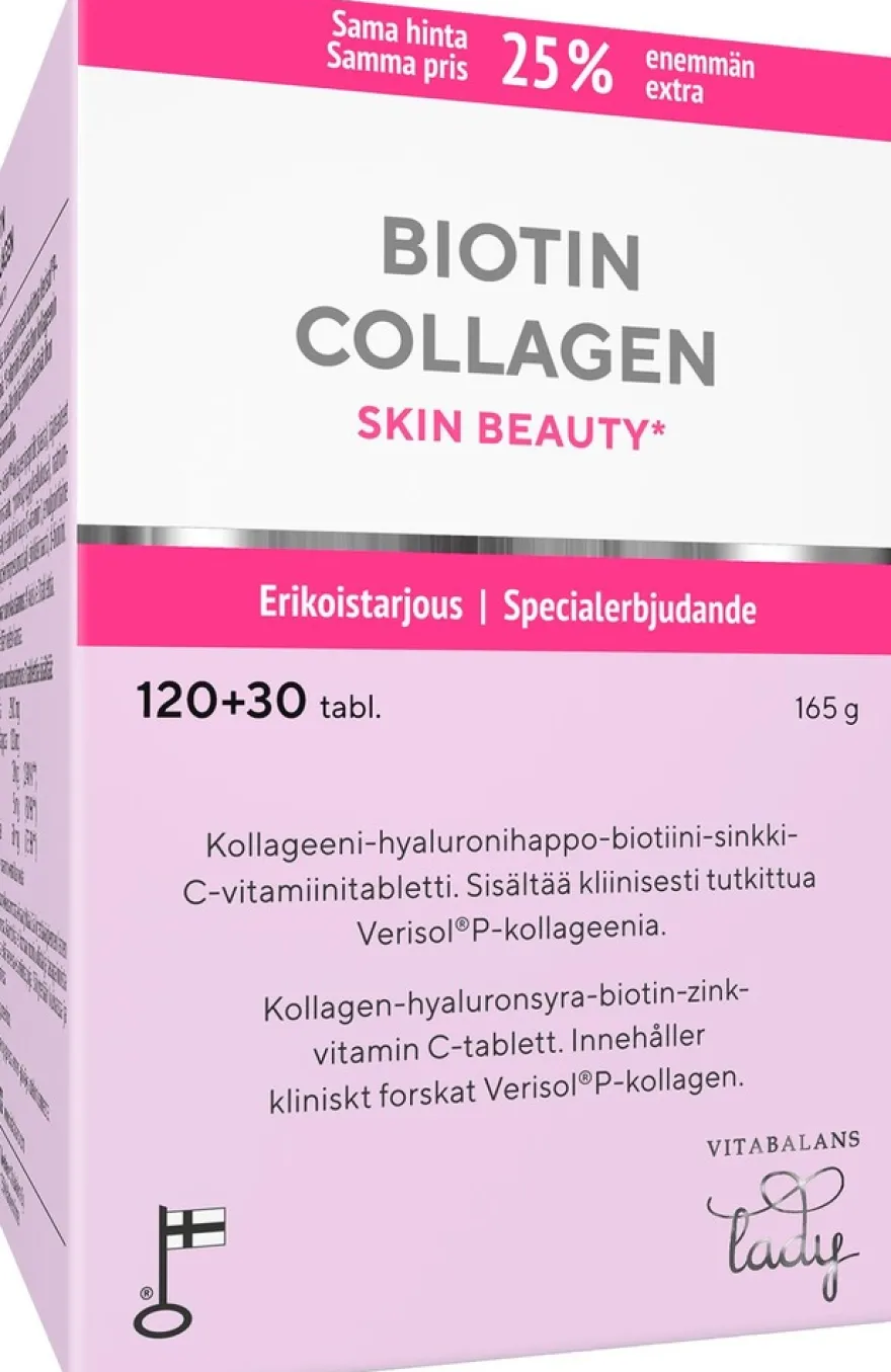 Biotin Collagen 120+30 tabl., kotimainen kollageeni-hyaluronihappo-biotiini-sinkki-C-vitamiini tabletti, Vitabalans