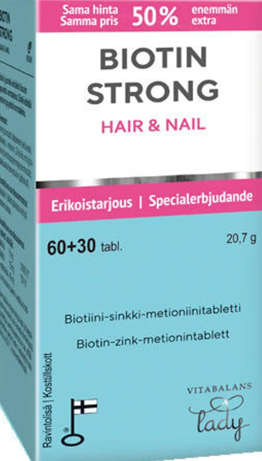 Biotin Strong 90 tabl., kotimainen biotiini-sinkki-metioniinitabletti, kampanjapakkaus, Vitabalans