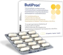 ButiPron 30 kapselia suolistosairauksien ruokavaliohoitoon. Erityisiin lääkinnällisiin tarkoituksiin tarkoitettu elintarvike.