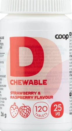 Coop D-vitamiini 25μg Mansikka-Vadelma 120 purutablettia