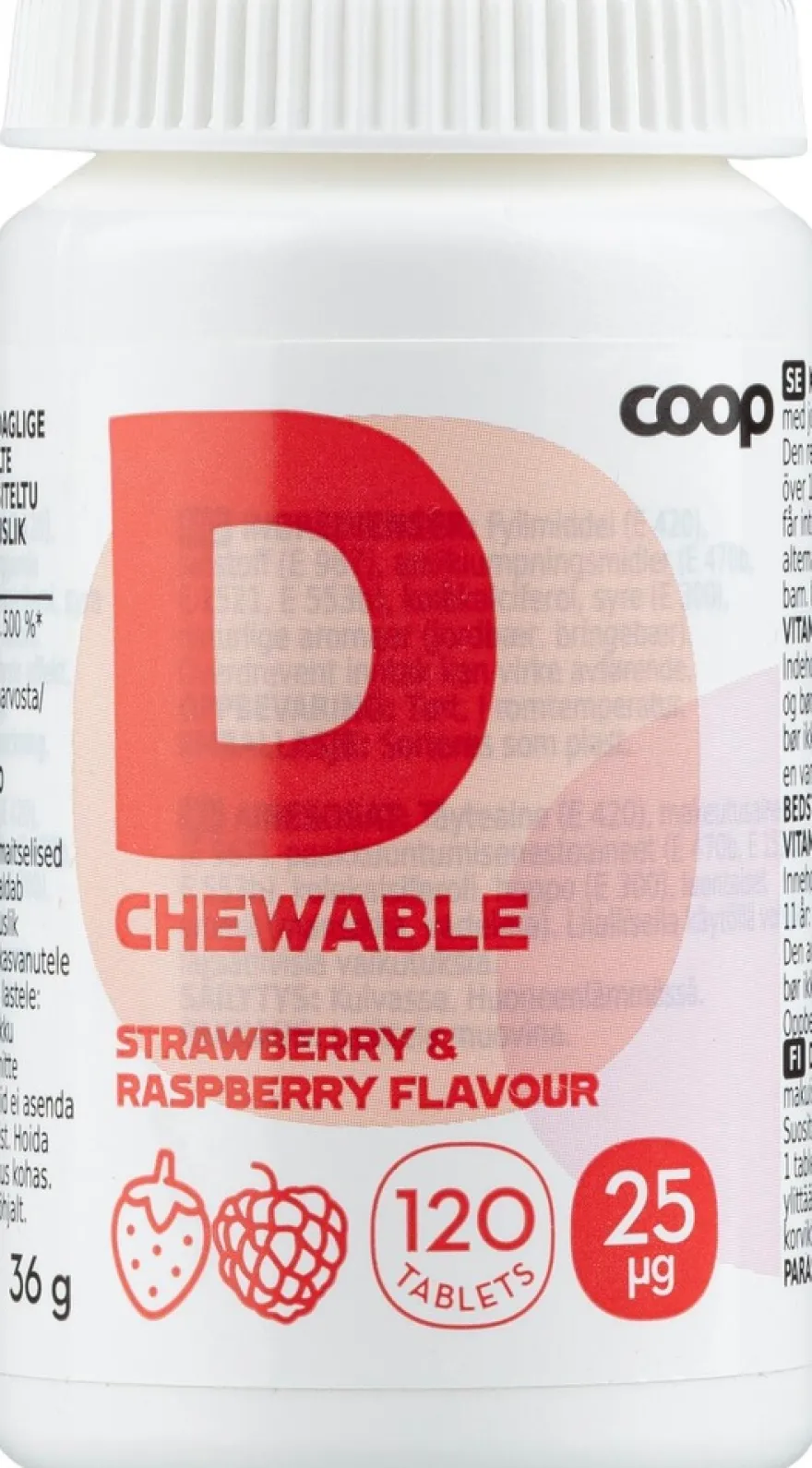 Coop D-vitamiini 25μg Mansikka-Vadelma 120 purutablettia