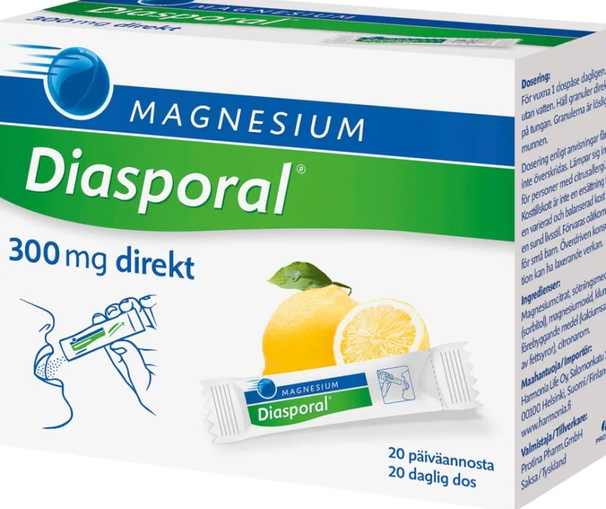 Diasporal sitruunanmakuinen magnesium-annosrae 300mg Direkt ravintolisä 27g/20kpl