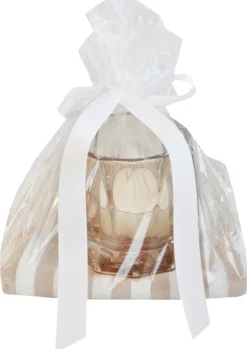 Finnmari Lahjapaketti keittiöpyyhe raita beige + kynttilälasi beige + 1kpl valkoinen maxituikku