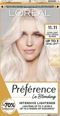 L'Oréal Paris Préférence Le Blonding 11.11 Ultra Light Extra Light Cool Silver Blonde Erittäin kirkas viileä hopeanvaalea kestoväri 1kpl