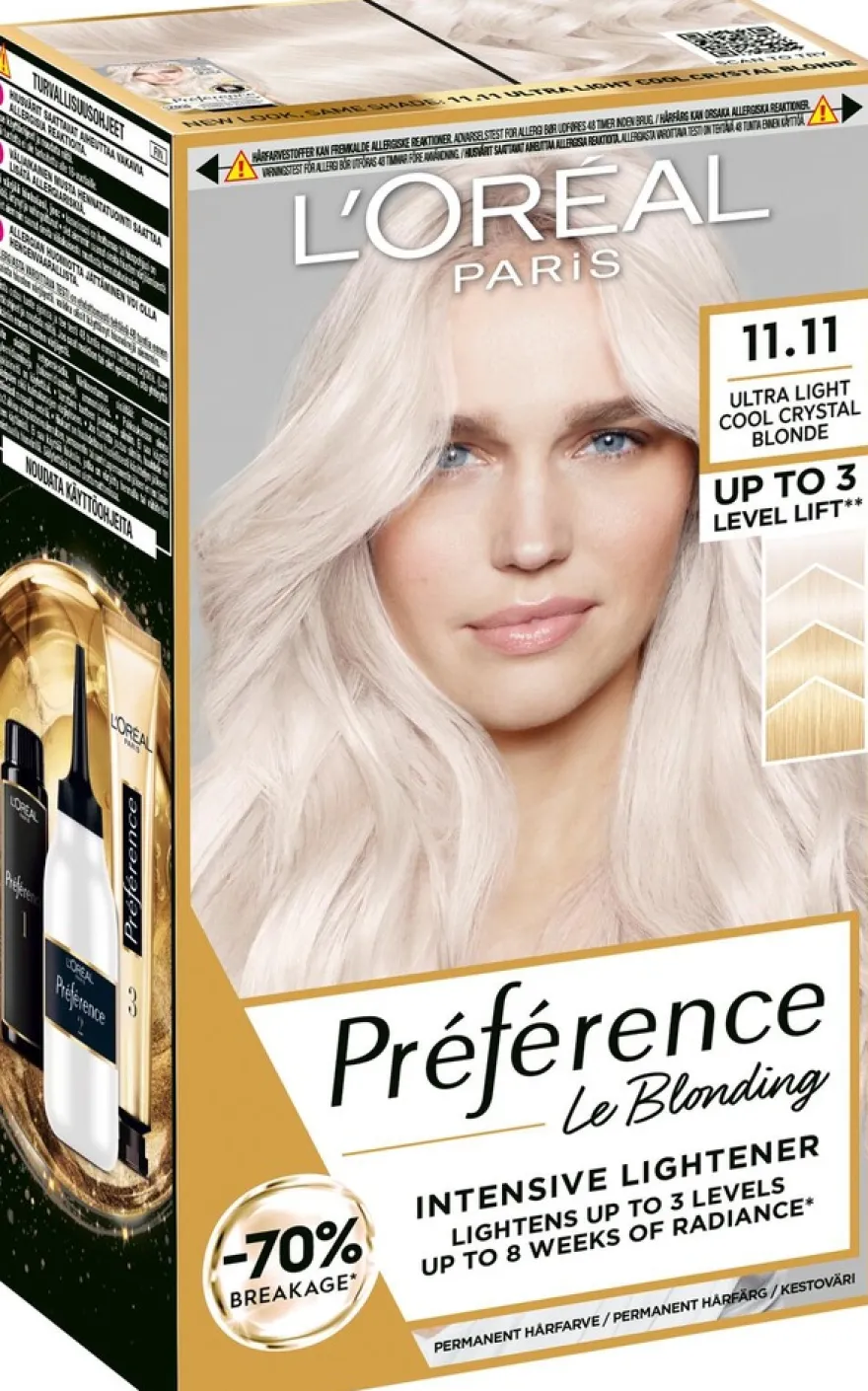 L'Oréal Paris Préférence Le Blonding 11.11 Ultra Light Extra Light Cool Silver Blonde Erittäin kirkas viileä hopeanvaalea kestoväri 1kpl