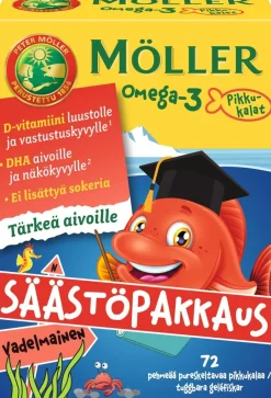 Möller Omega-3 Pikkukalat säästöpakkaus vadelmainen pehmeä pureskeltava 72kpl