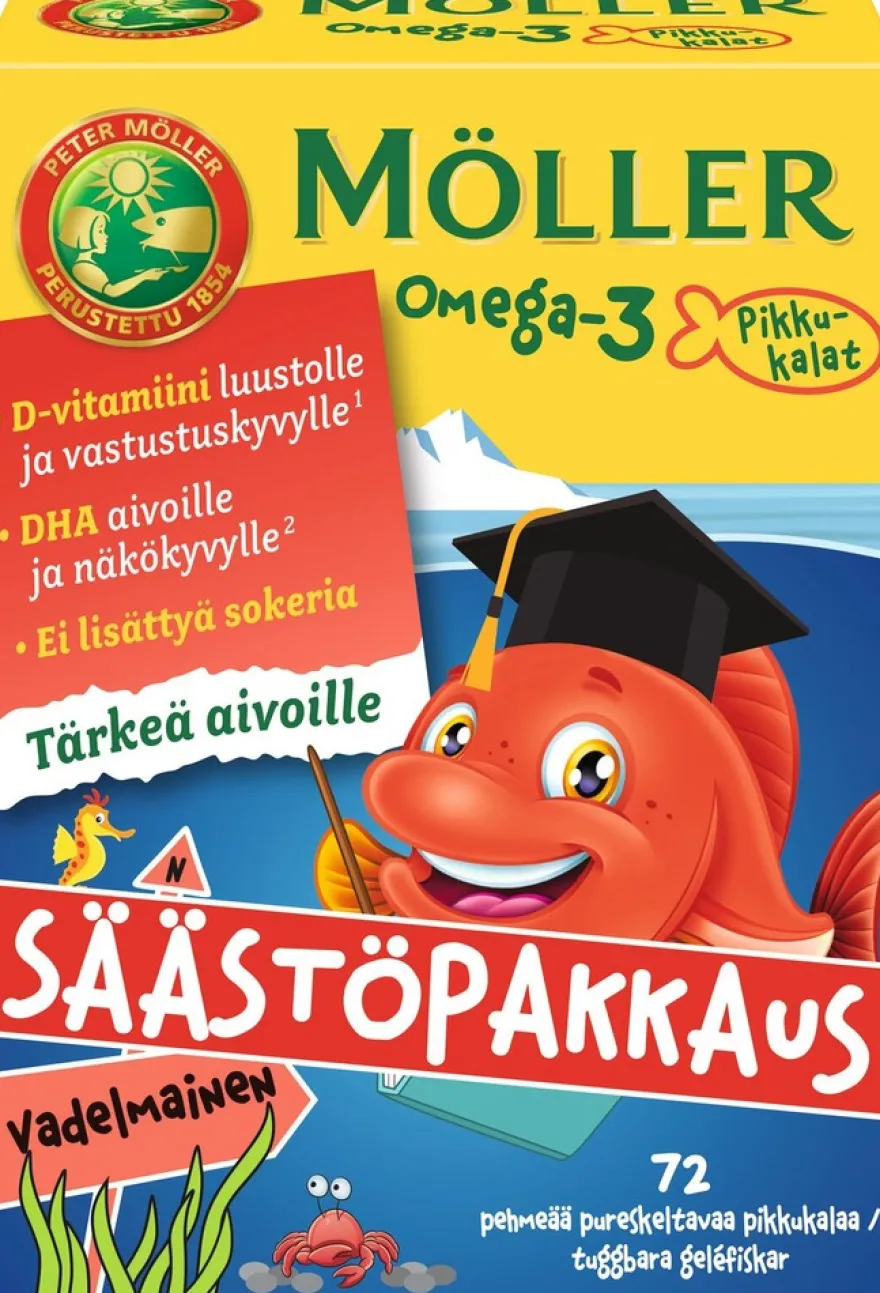 Möller Omega-3 Pikkukalat säästöpakkaus vadelmainen pehmeä pureskeltava 72kpl