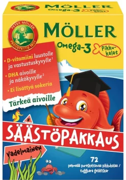 Möller Omega-3 Pikkukalat säästöpakkaus vadelmainen pehmeä pureskeltava 72kpl