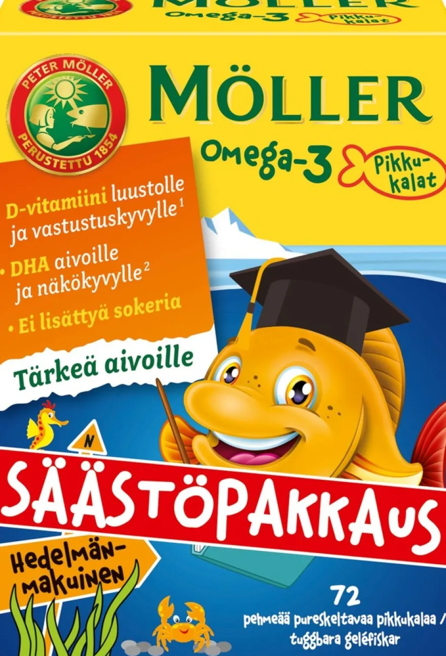 Möller Omega-3 Pikkukalat säästöpakkaus hedelmänmakuinen pehmeä pureskeltava 72kpl