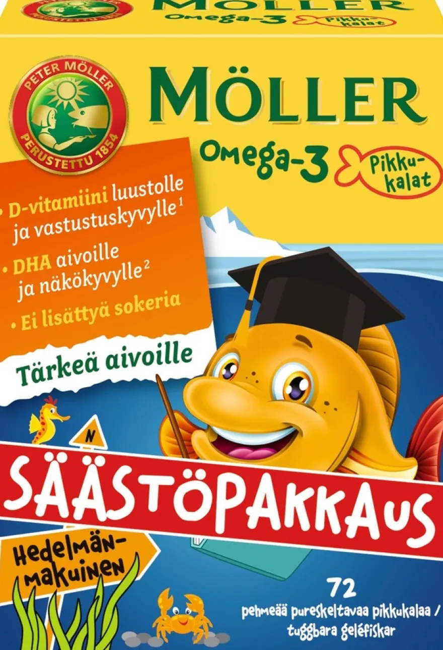 Möller Omega-3 Pikkukalat säästöpakkaus hedelmänmakuinen pehmeä pureskeltava 72kpl