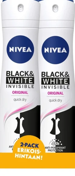 NIVEA 2x150ml Invisible For Black & White Original Deo Spray -antiperspirantti