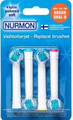 NURMON Vaihtoharjat 4 kpl pehmeä, Oral-B yhteensopivat