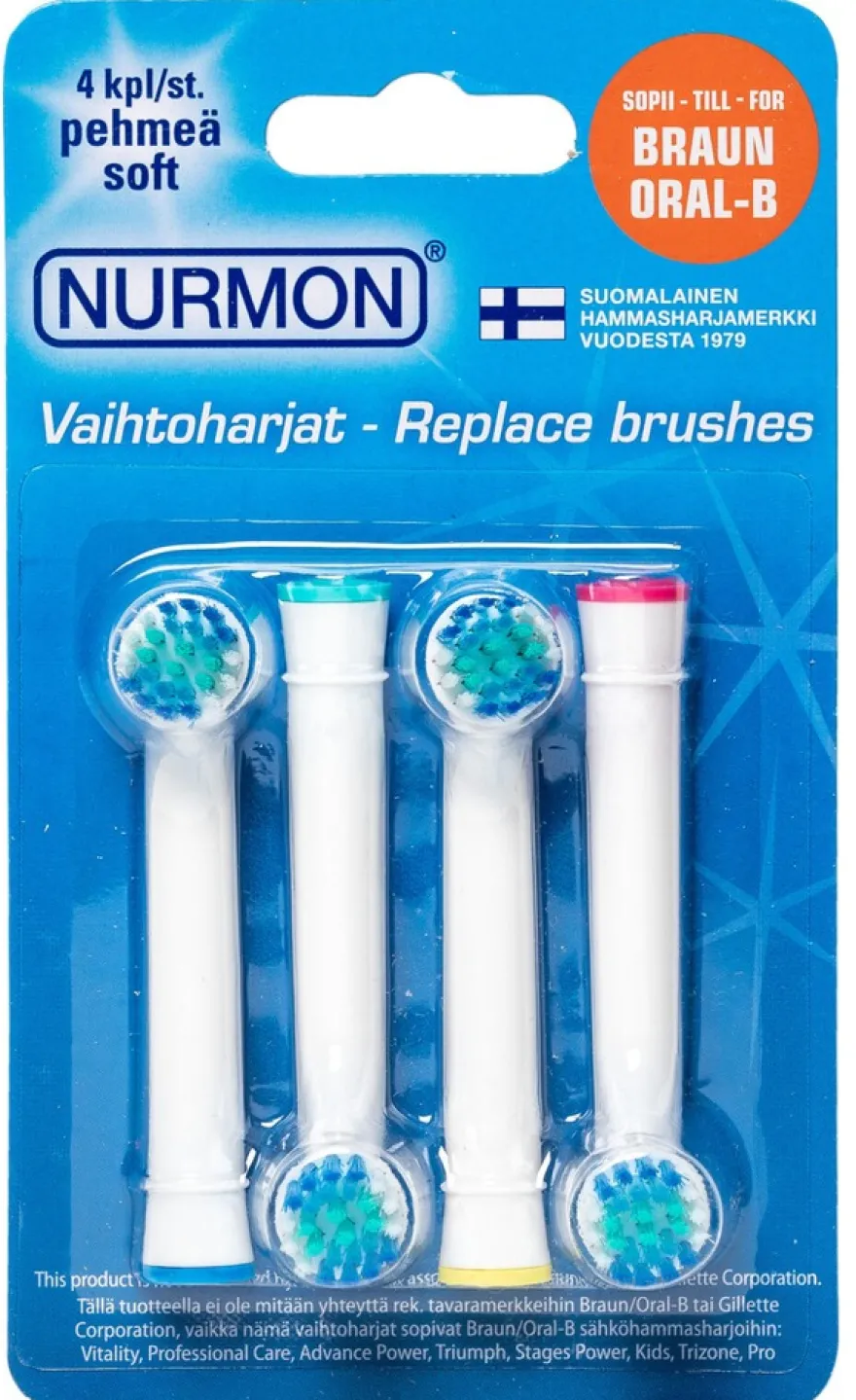 NURMON Vaihtoharjat 4 kpl pehmeä, Oral-B yhteensopivat