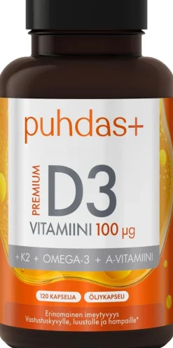 Puhdas+ Premium D3-vitamiini 100 µg + K2 + Omega-3 + A-vitamiini 120 kaps