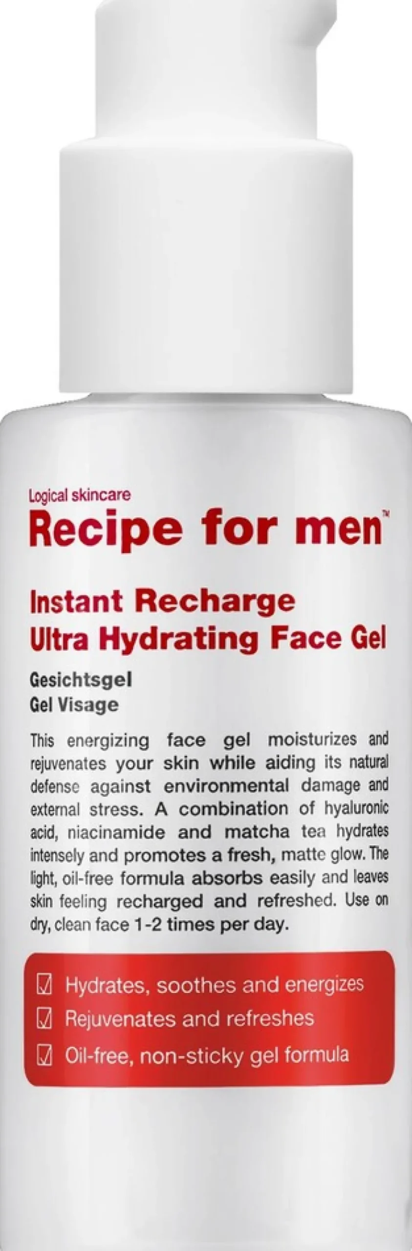 Recipe for Men Instant Recharge Ultra Hydrating Face Gel -geelimäinen kosteusvoide 75 ml