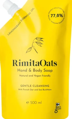 RimitaOats käsi- ja vartalosaippua, 500 ml täyttöpussi