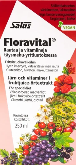 Salus Blutsaft Floravital rautaa ja vitamiineja täysmehu-yrttiuutoksessa 250ml