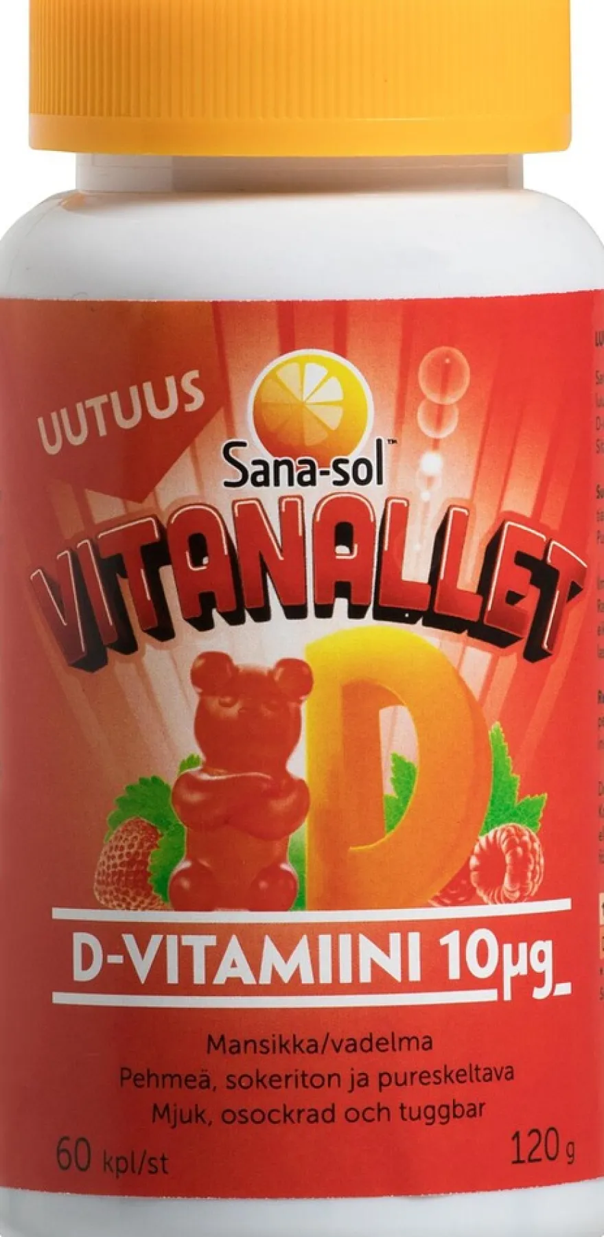 Sana-sol Vitanallet D-vitamiini 10µg Mansikka/vadelma 60kpl
