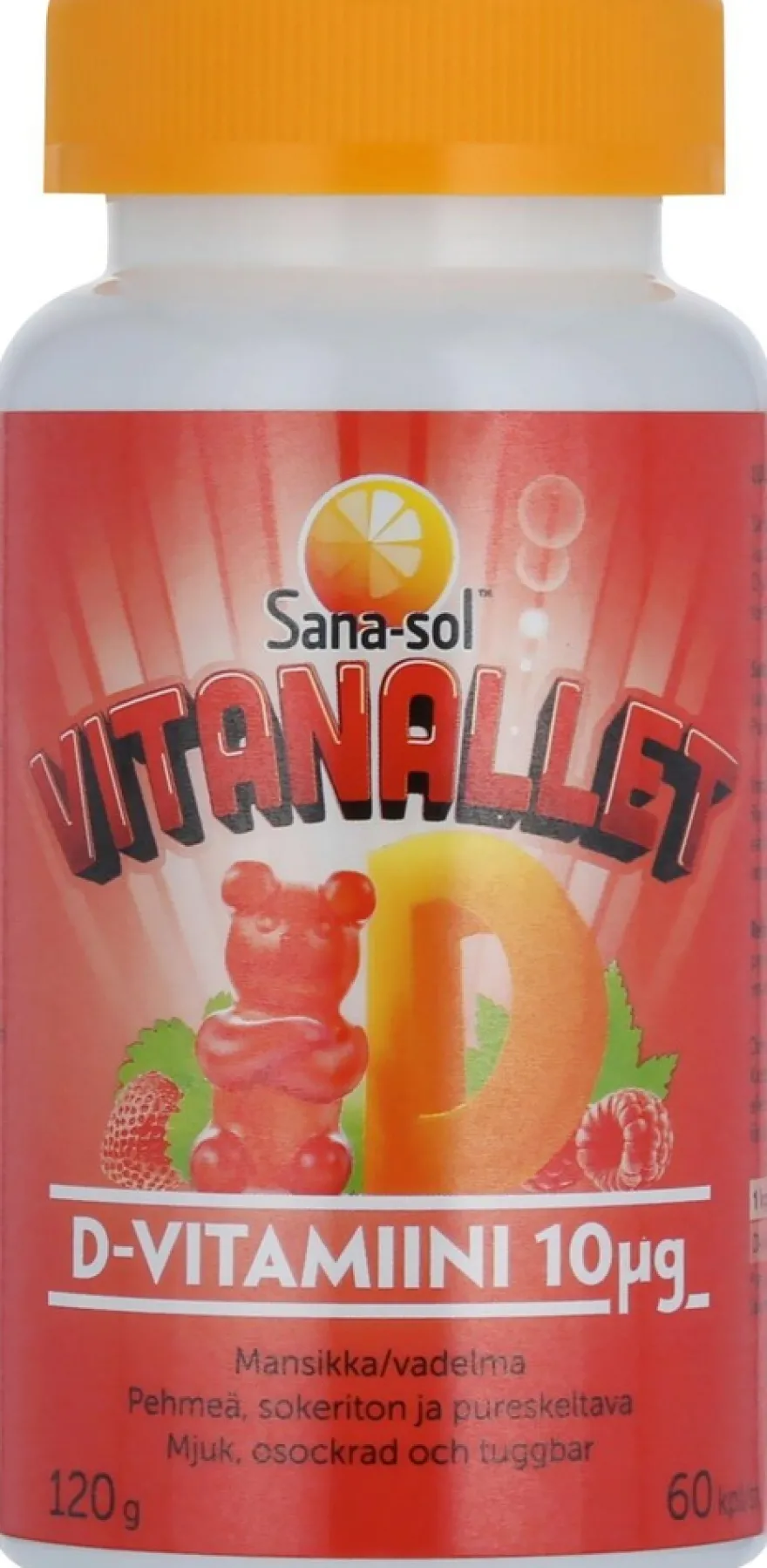 Sana-sol Vitanallet D-vitamiini 10µg Mansikka/vadelma 60kpl