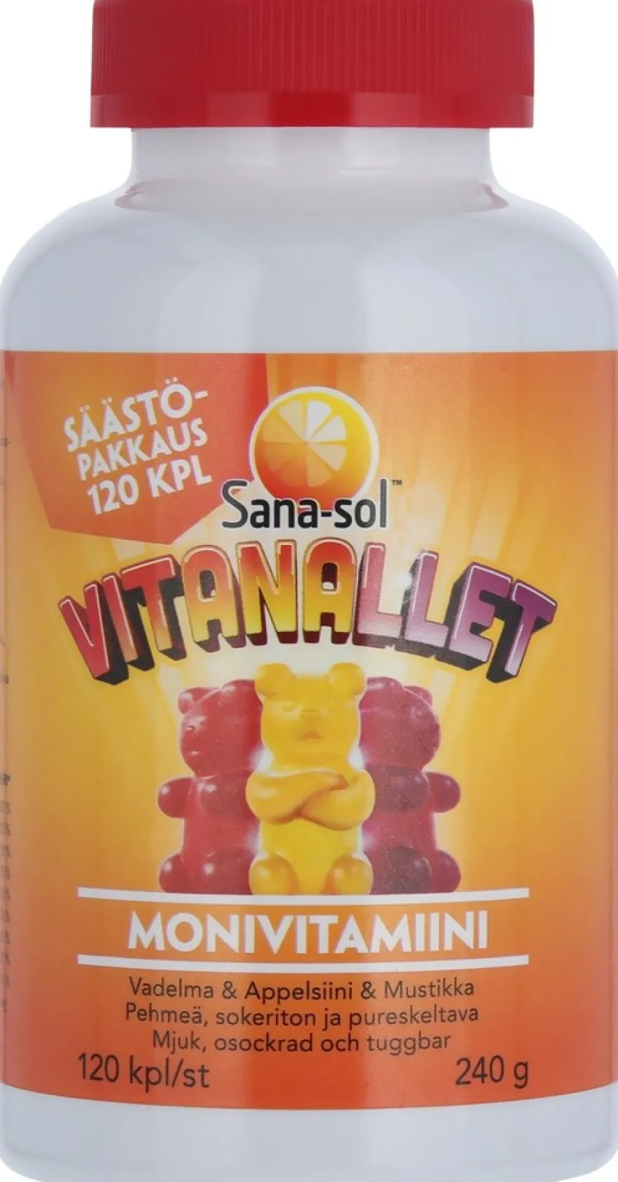 Sana-sol Vitanallet monivitamiini vadelman-, appelsiinin- ja mustikanmakuinen 120kpl/240g