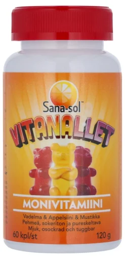 Sana-sol Vitanallet monivitamiini vadelma & appelsiini & mustikka 60kpl